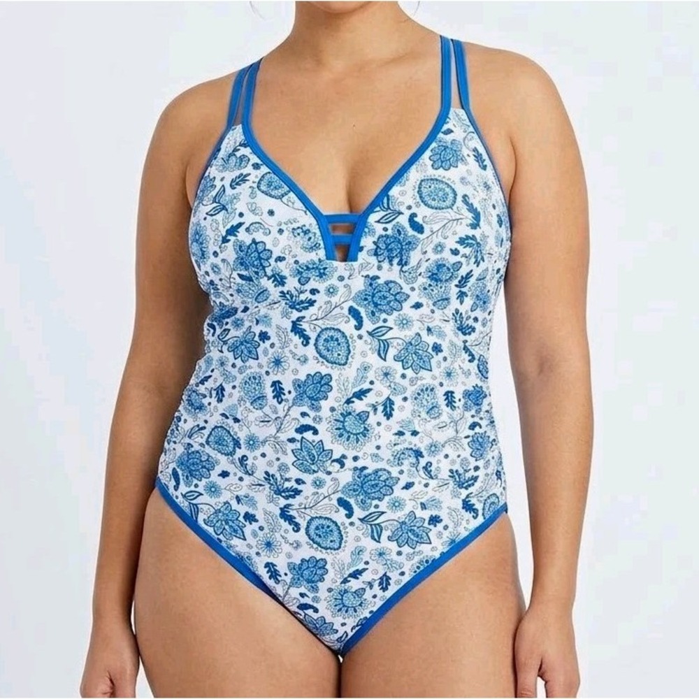 Women's One Piece Swimsuit Size 2XL Cup Blue White Floral
